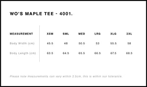 Maple tee measurements